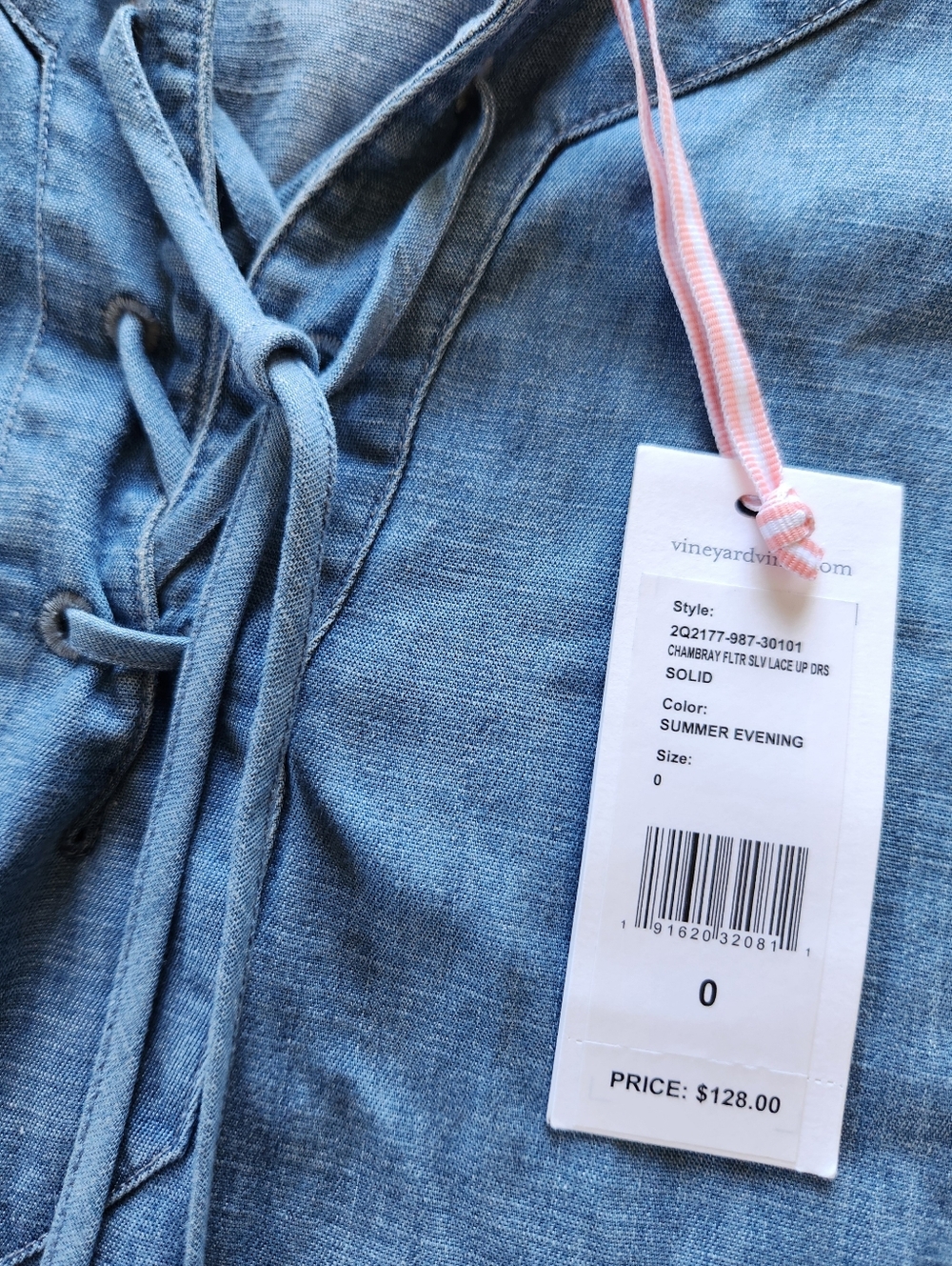 NWT Vineyard Vines "Chambray Flutter Sleeve Lace Up Dress" Blue, Women's Size 0 - Picture 6 of 9